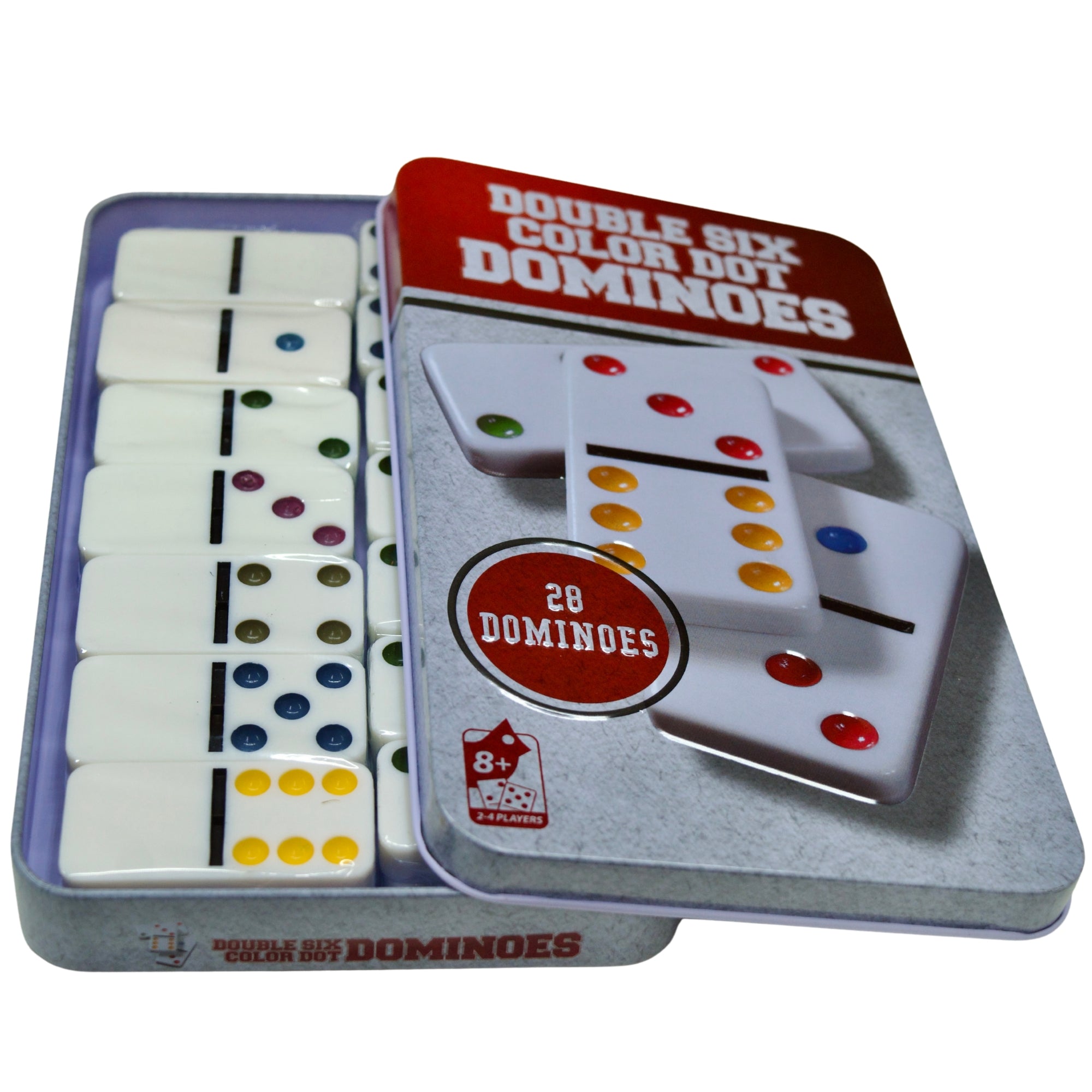 Double six color dot dominoes set with tin packaging on a white background