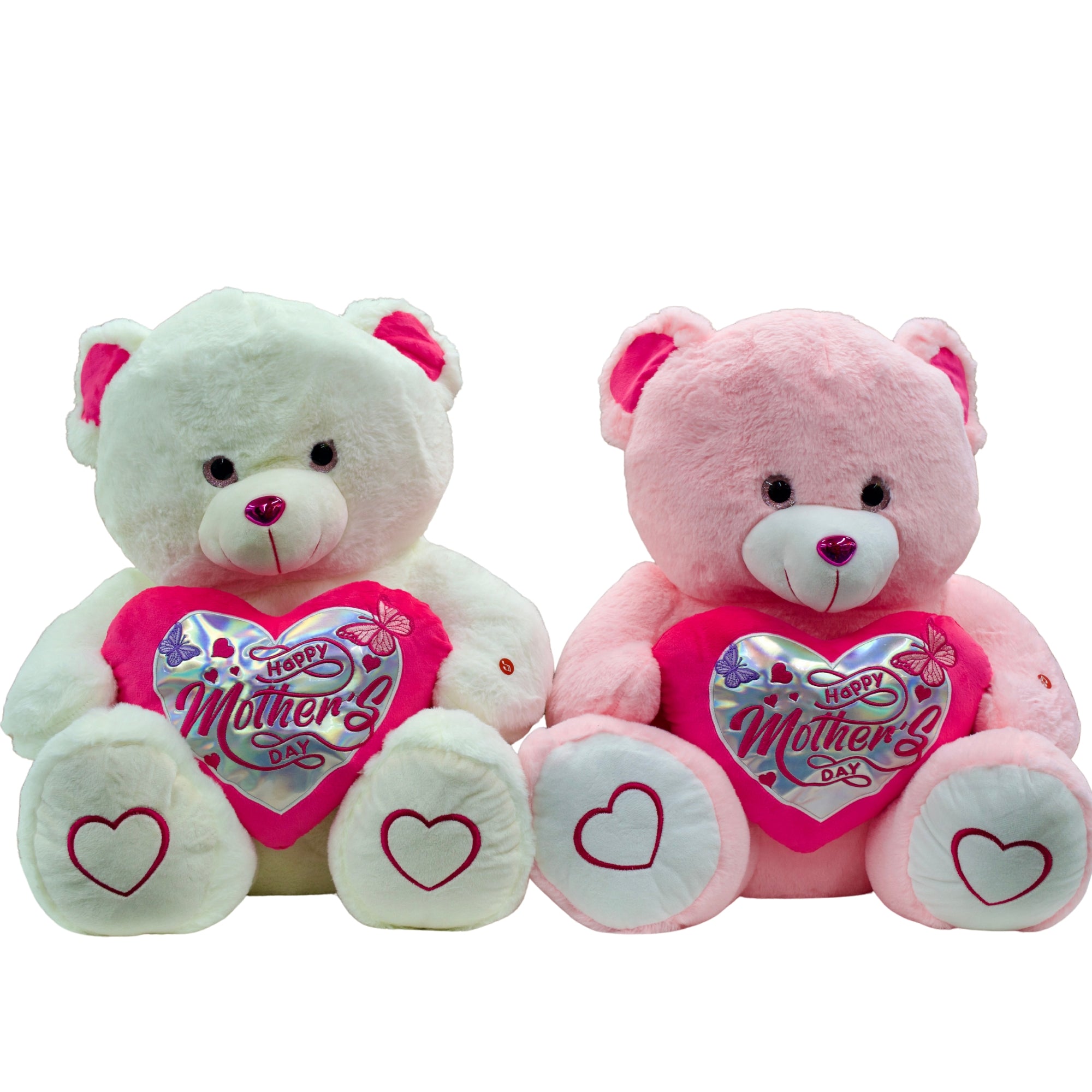 Two teddy bears, one white and one pink, with 'Happy Mother's Day' hearts on a white background.