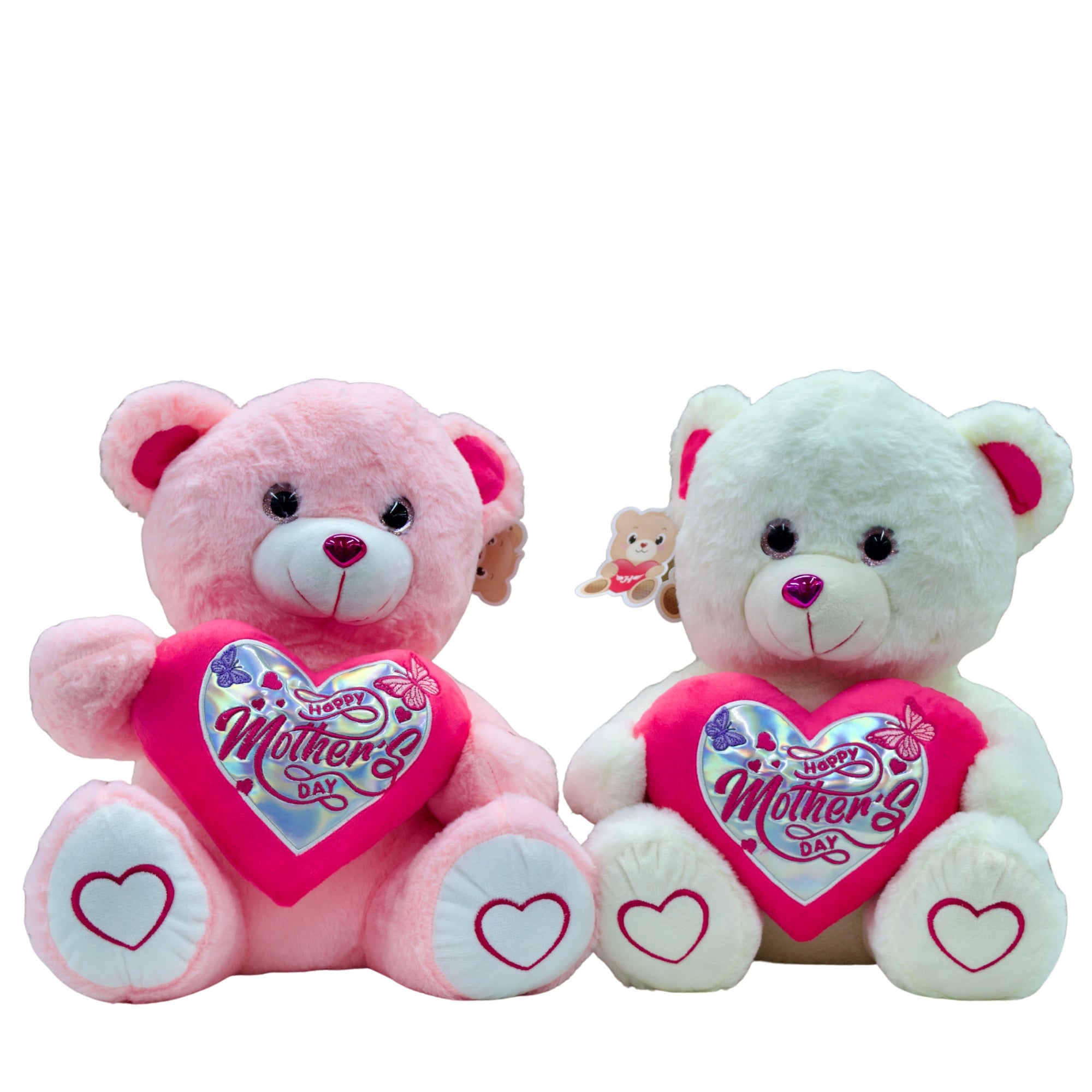 Two teddy bears with Mother's Day hearts on a white background