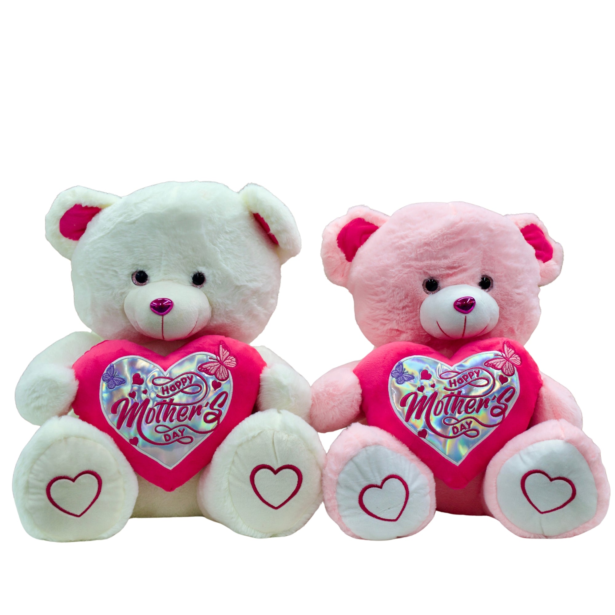 Two teddy bears, one white and one pink, with 'Happy Mother's Day' hearts on a white background.