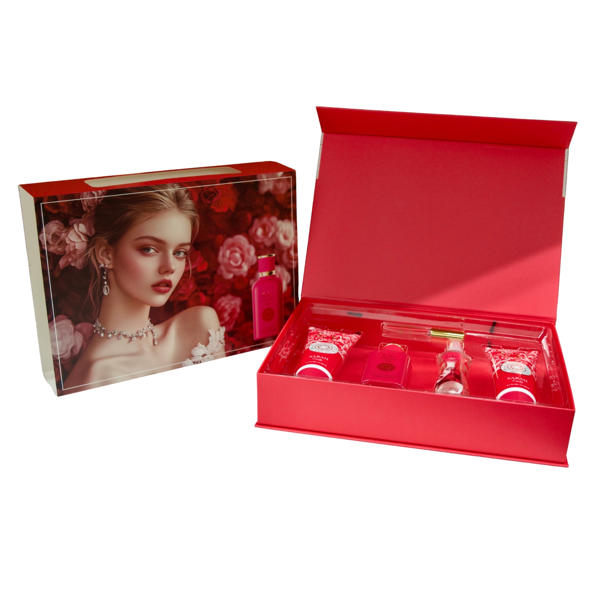 Red cosmetic set with a decorative box featuring a woman's face and floral design.