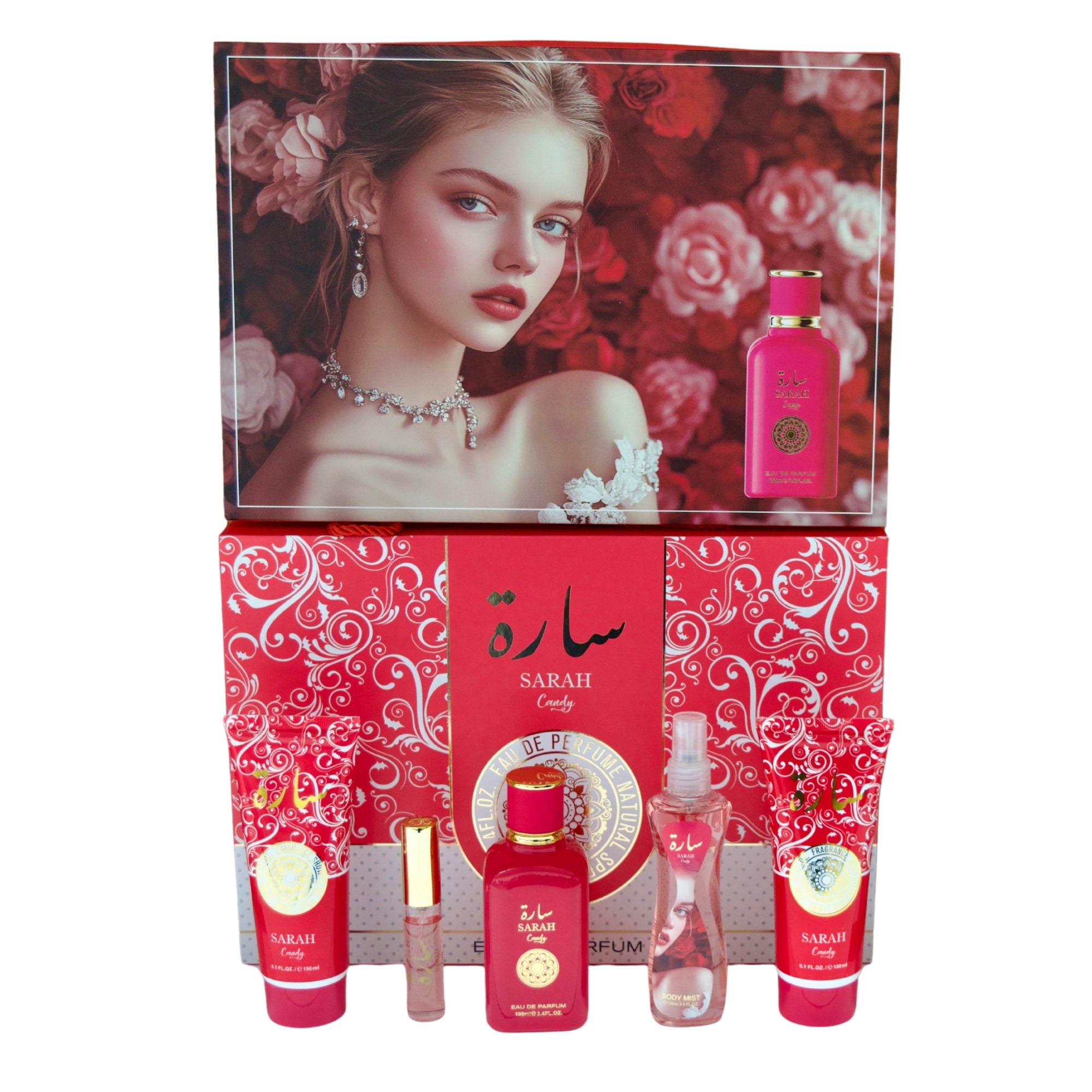 Perfume set with a model and decorative packaging featuring floral designs.