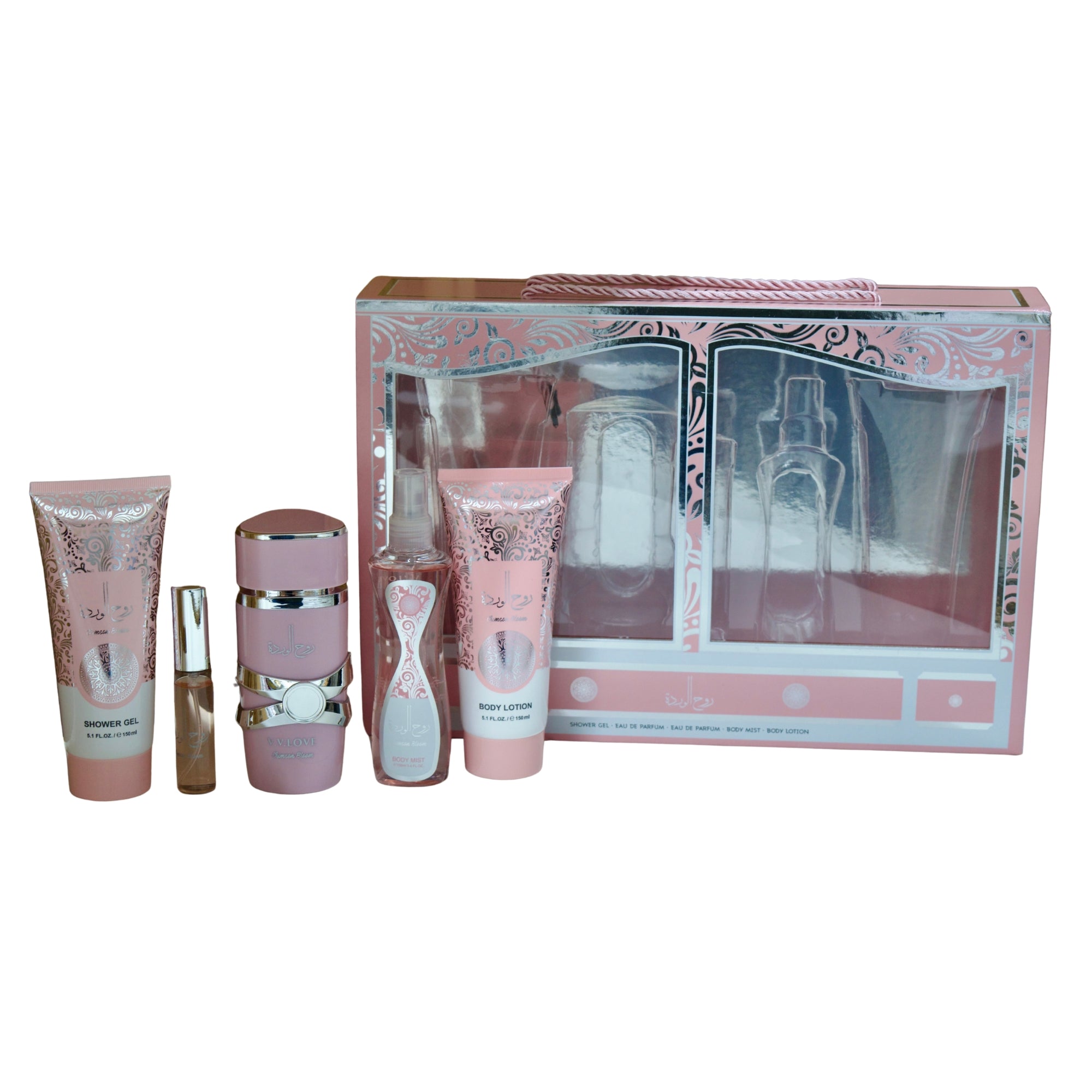 Set of pink and silver beauty products with a decorative box on a white background